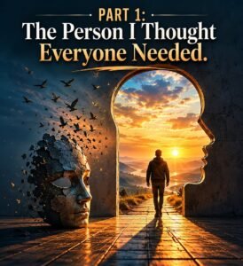 Illustration of a person walking through a head-shaped doorway toward a sunrise, beside a crumbling face sculpture with birds flying away, under the title: “Part 1: The Person I Thought Everyone Needed.”